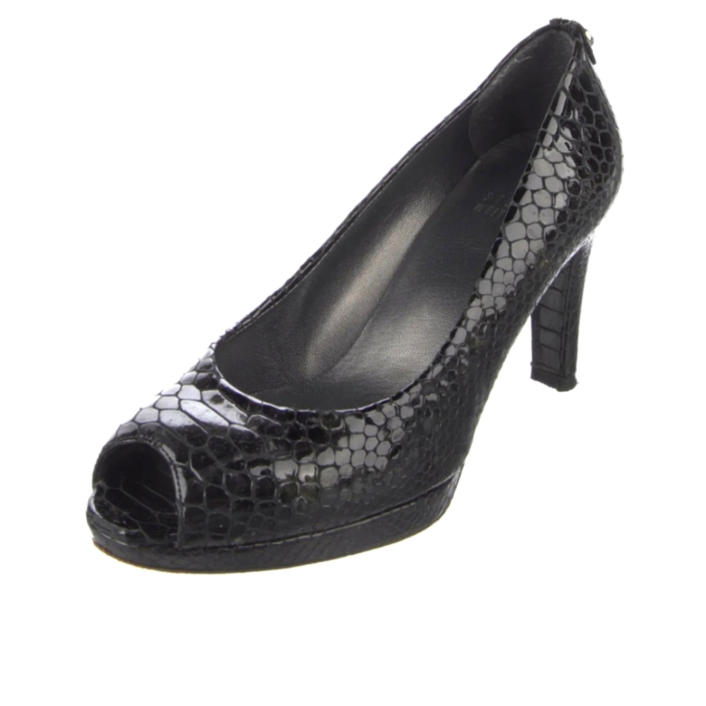 Stuart Weitzman Black Crystal Leather Plainfield Logo Snakeskin Peep Toe…